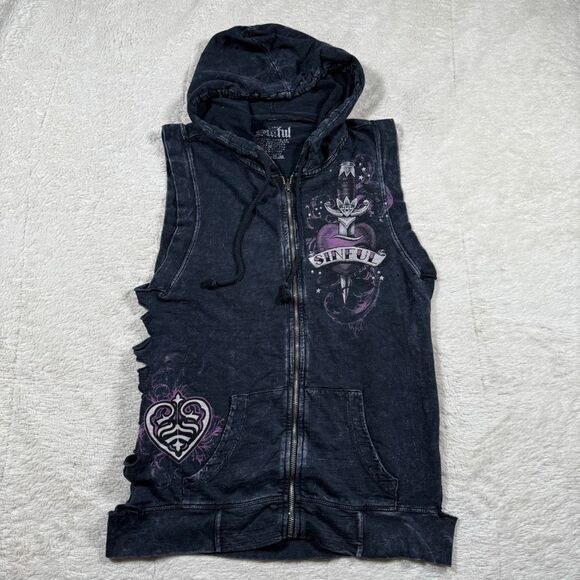 Vintage Y2K Sinful Affliction Women’s Zip Up Cut Out Rhinestone Angel Wing Vest - Picture 1 of 6